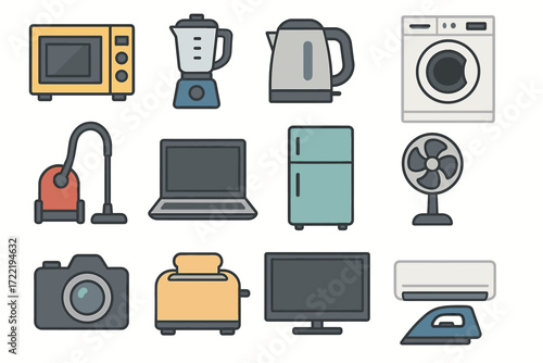 Collection of modern home appliances icons: kitchen, laundry, and electronics