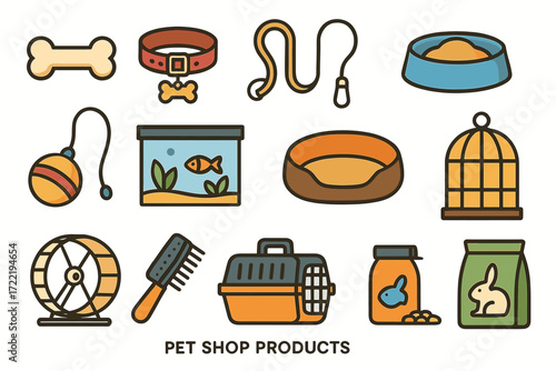 Illustration of various pet shop products: toys, food, cages, and accessories