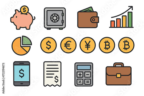 Financial icons: piggy bank, safe, wallet, graph, currency symbols, calculator, briefcase