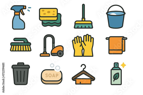 Assorted cleaning tools and supplies: sponge, bucket, soap, spray bottle, gloves, brush, mop