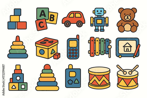 Colorful assortment of classic children's toys for learning and play