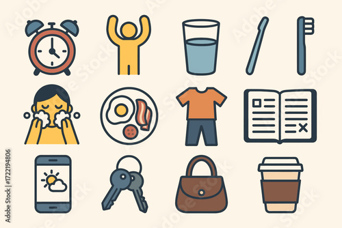 Daily routine icons: alarm, hygiene, breakfast, reading, essentials
