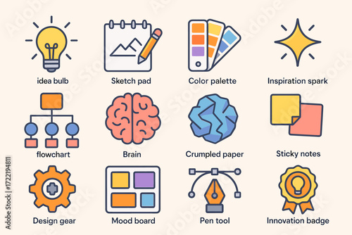 Creative icons set featuring design tools and inspiration elements
