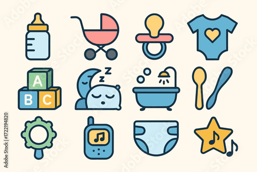 Baby essentials icons: bottle, stroller, pacifier, onesie, blocks, bath, monitor, diaper