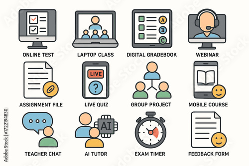 Online learning icons: tests, classes, ai tutor, webinar, digital tools