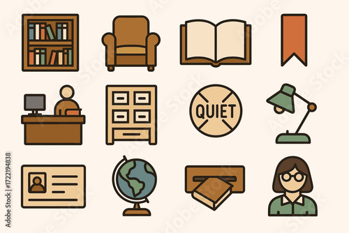 Library icons collection: books, furniture, and office tools