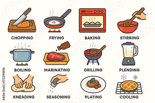 Colorful icons representing various cooking techniques and kitchen utensils