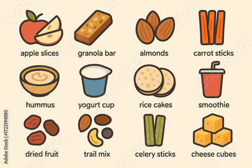 Illustrated healthy snack options: fruits, nuts, and beverages