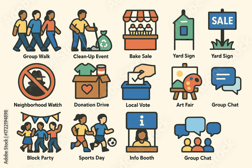 Community event icons: volunteers, activities, and gatherings