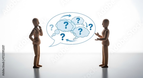 Wooden Mannequins in Dialogue with Question Marks in a Thought Bubble on White Background