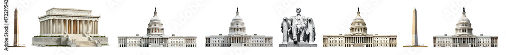 Fototapeta premium PNG Iconic Washington DC landmarks panorama, element set on transparent background