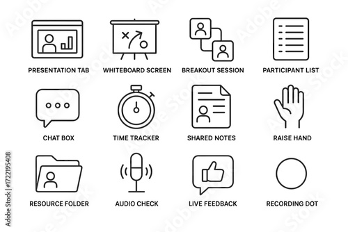 Virtual meeting icons: presentation, breakout, chat, and more tools for online collaboration