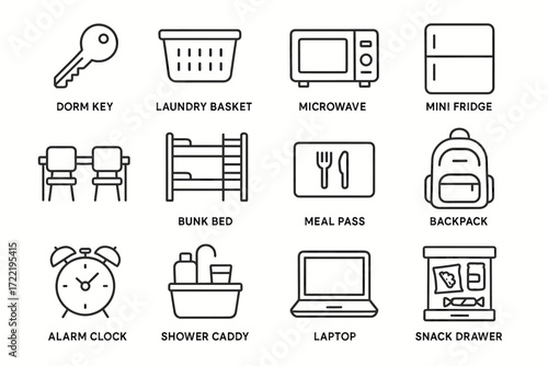 Dorm room essentials icons: key, laundry basket, microwave, mini fridge, bunk bed, backpack