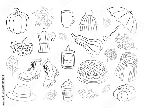 Cozy autumn doodle set. Hand drawn fall clipart with leaves, pumpkins, candle, pie and seasonal elements. Perfect for season designs, harvest festival and coloring activities