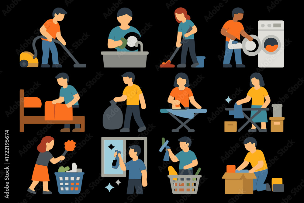 Obraz premium Illustrated diverse people performing household chores and activities
