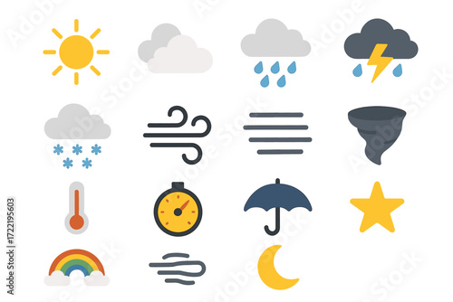 Weather icons: sun, clouds, rain, storm, snow, wind, tornado, temperature, time, umbrella, star, rainbow, moon