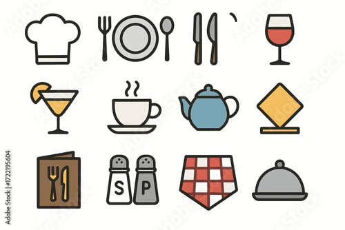 Collection of colorful restaurant icons: utensils, drinks, and table settings