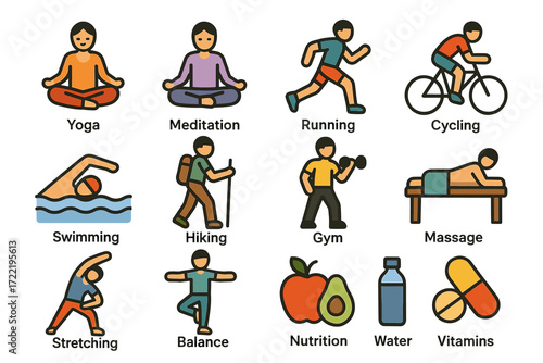 Exercise and wellness icons: yoga, meditation, running, cycling, and more activities
