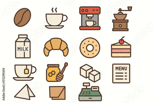 Coffee shop icons: espresso, cup, croissant, milk carton, coffee grinder, pastry, menu