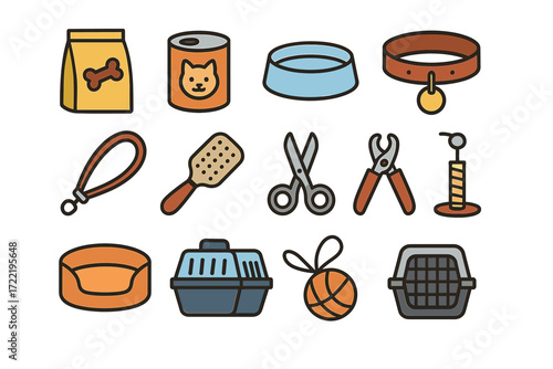 Collection of essential pet supplies for cats and dogs