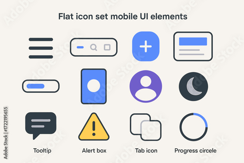 Flat icon set for mobile ui featuring tooltip, alert box, and tab icon