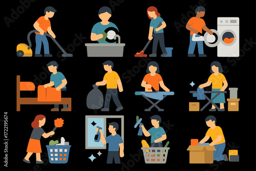 Illustrated diverse people performing household chores and activities