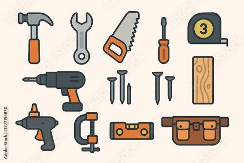 Assorted hand tools and accessories: hammer, drill, wrench, tape measure, and more
