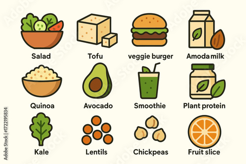 Healthy plant-based foods: salad, tofu, veggie burger, avocado, smoothie, lentils, chickpeas, quinoa, almond milk