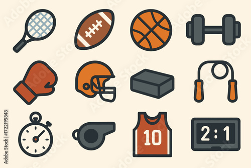 Sports equipment icons: tennis, football, basketball, dumbbell, boxing, timer