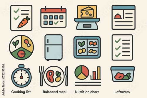 Balanced meal planner icons: nutrition chart, cooking list, leftovers management