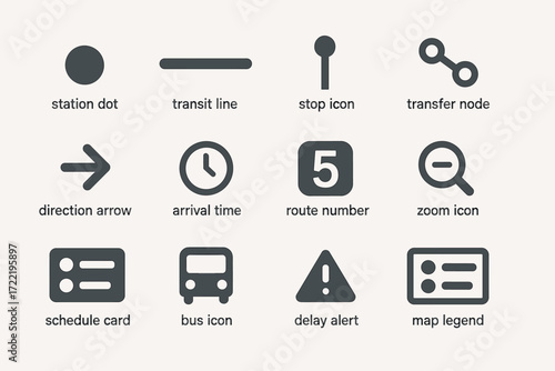 Public transit icons: station dot, route number, bus, map legend, delay alert