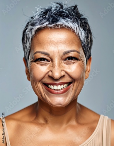 Smiling woman with short hair
