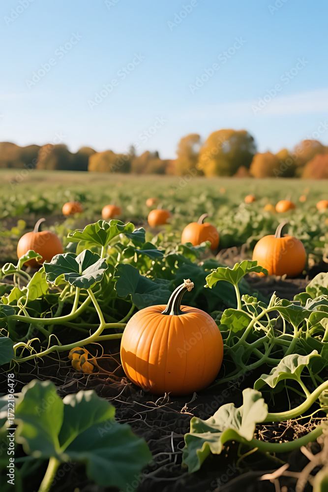 Obraz premium Pumpkin Field Under Blue Sky – Autumn Harvest in the Countryside