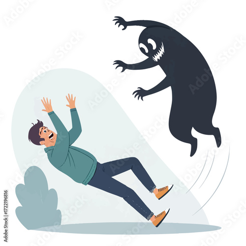 Scared Man Attacked by Shadow Monster Illustration