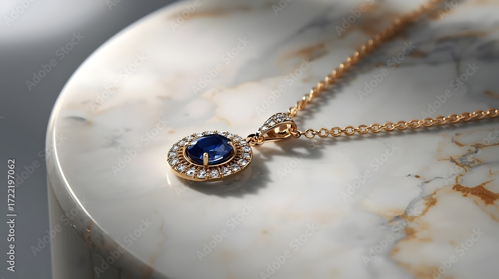 Fototapeta premium “Elegant Blue Gemstone Necklace with Gold Chain on Marble Surface – Luxury Jewelry Photorealistic Close-Up”