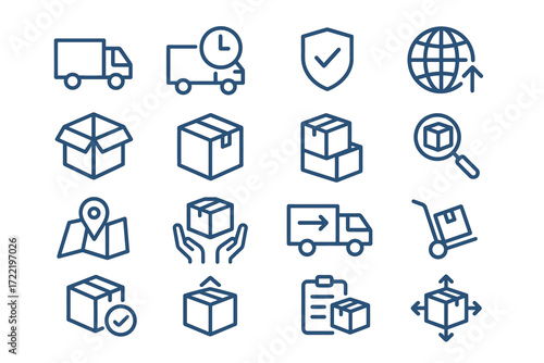 Logistics and shipping icons: delivery, packaging, and global distribution symbols