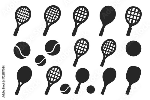 Silhouettes of tennis rackets and balls in various styles and views