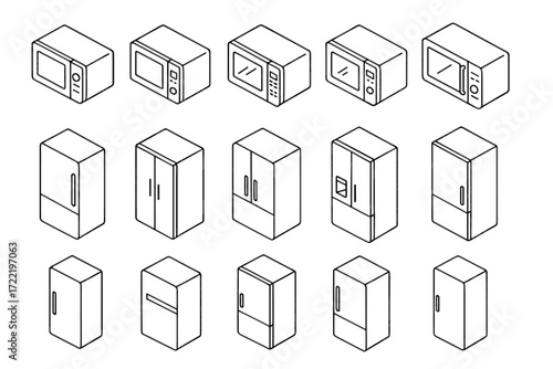 Isometric line drawings of microwaves and refrigerators in various designs