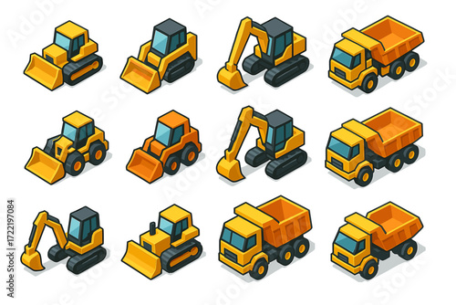 Collection of cartoon construction vehicles on white background