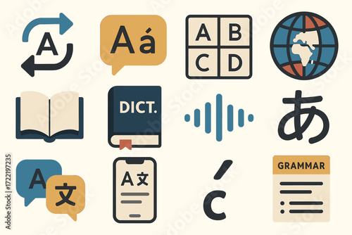 Language and translation icons featuring books, speech bubbles, and globe