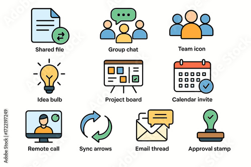 Teamwork and communication icons: group chat, shared files, project management tools