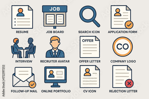 Job search icons: resume, interview, recruiter, application, offer