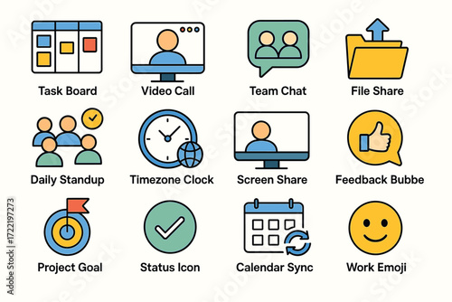 Colorful icons for task boards, video calls, team chat, and more office tools