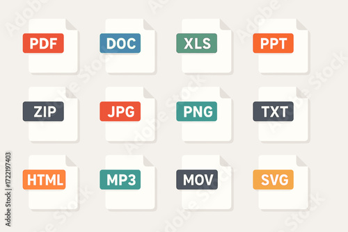 Collection of iconic file format symbols with names