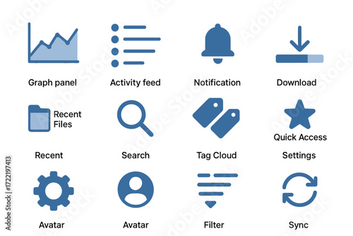 Set of blue user interface icons for web dashboard