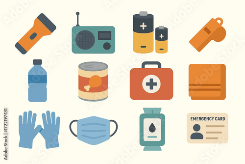 Essential emergency kit items including radio, batteries, and first aid supplies