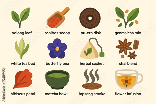Colorful tea icons: varieties and tools illustrated with leaves and accessories