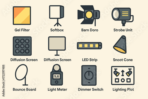 Essential photography equipment icons featuring lighting tools and accessories