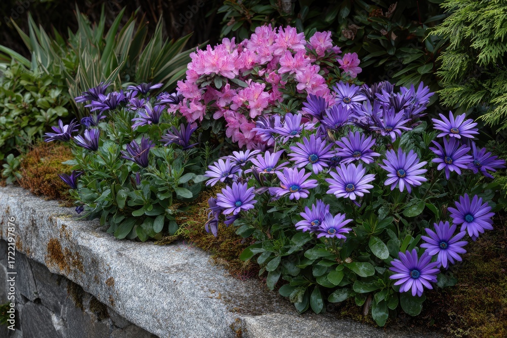 Fototapeta premium Vibrant purple and pink flowers in a garden bed.