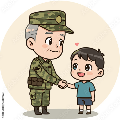 Veteran shaking hands with child, smiling in a playful setting  